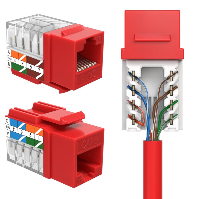 SATMAXIMUM Cat6 Keystone Ethernet Wall Jack Punch Down UTP 45-Degree (Easier Termination Than 90-Degree), RJ45 Slim Profile Speed Termination Red 45Â° Angled (10 Pack) - Image 1